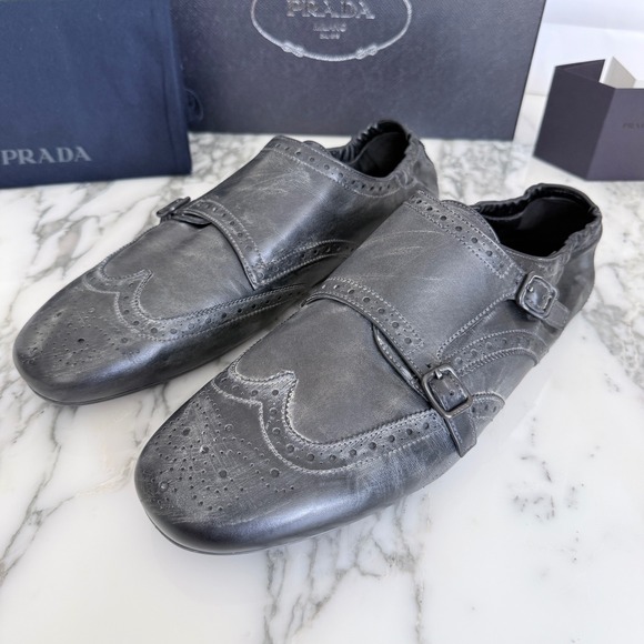 Prada 2EG469 Mens Leather Double Monk Strap Wingtip Shoes Grey Black UK 10.5 main image 16